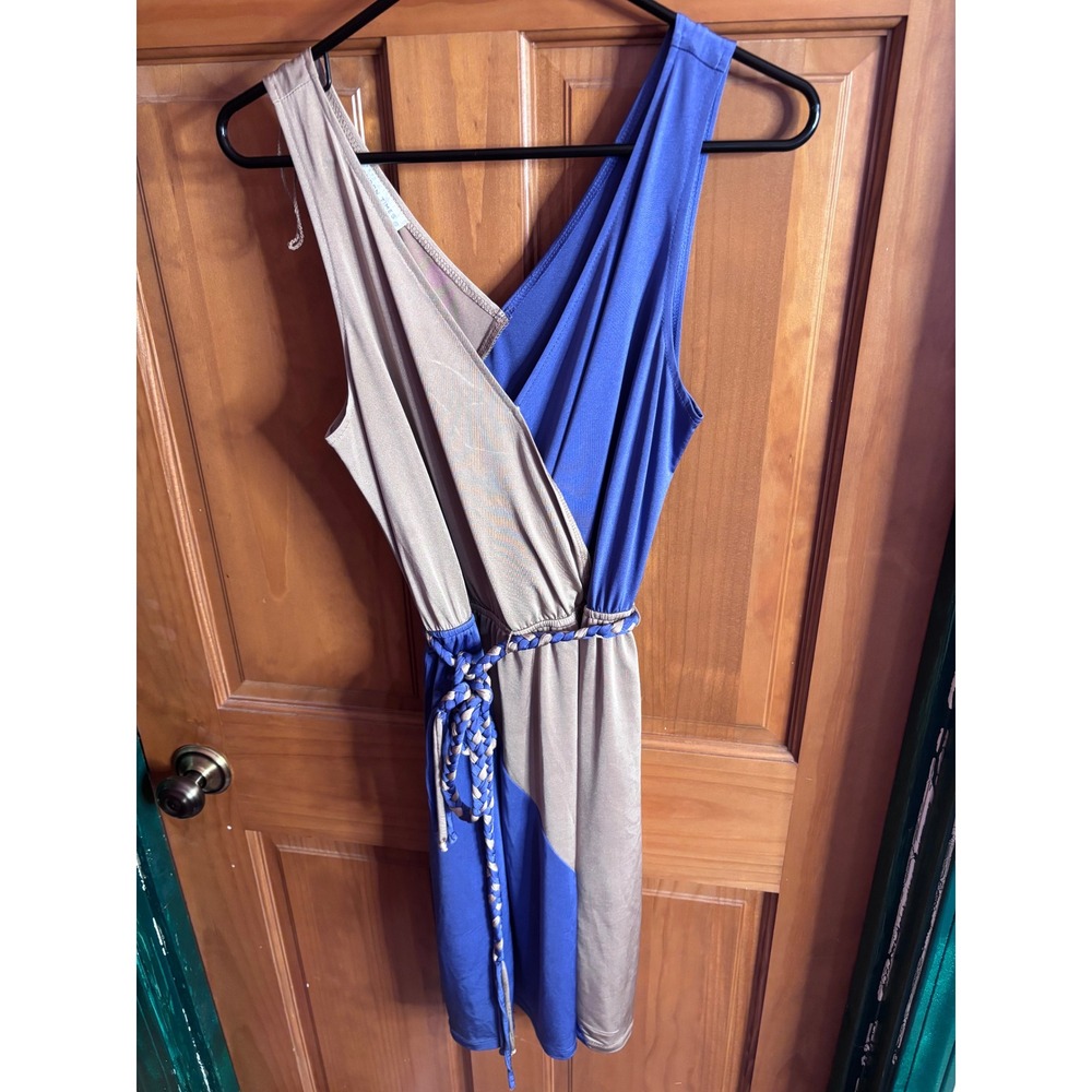 London Times Womens Colorblock Wrap Dress Blue Taupe Braided Belt Size 10